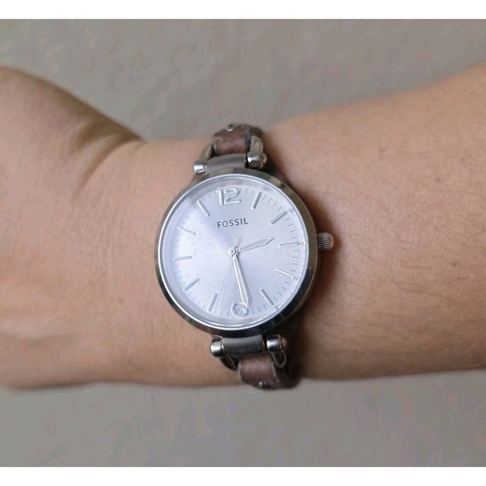 Fossil Georgia ES3060 Women's Slim Brown Leather Strap Analog Silver Dial Watch